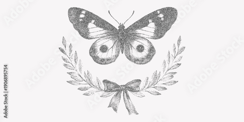 Butterfly and bow print in stipple grain and speckled dust texture, placed on aged paper with subtle grunge overlay for a charming vintage-inspired look.