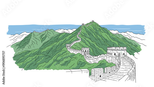 The great wall of china in detailed cartoon style with mountainous landscape