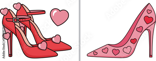 Two stylish vector illustrations of high-heeled shoes; one pair features red heels with 3D pink hearts, while the other is a pink stiletto covered in a playful heart pattern.
