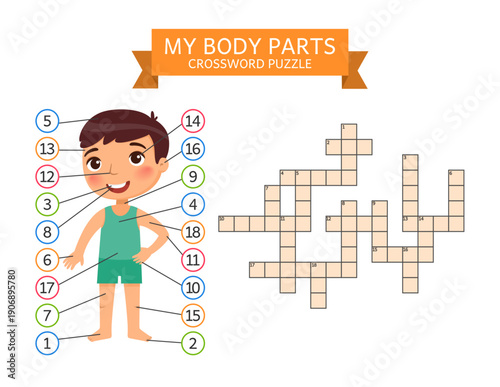 Educational illustration of a happy cartoon boy with labeled body parts and a crossword puzzle. “My Body Parts” worksheet designed for children to learn human body vocabulary in a fun and interactive 
