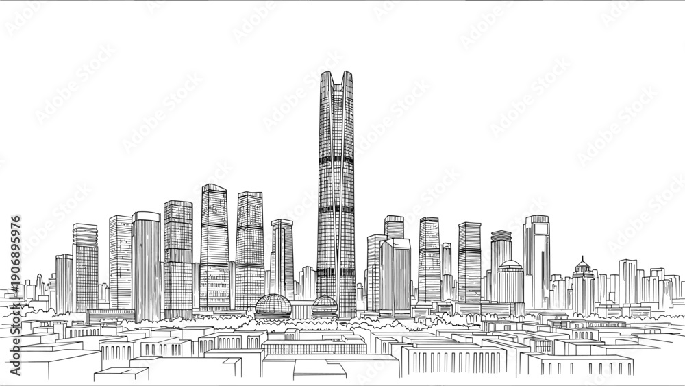 Fototapeta premium Futuristic cityscape skyline with modern skyscrapers in linear outline style