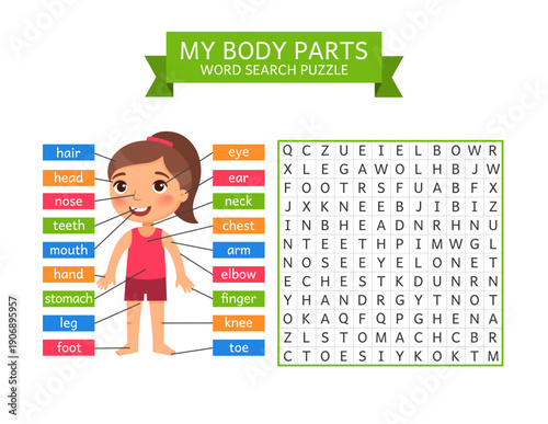 My Body Parts – Word Search Puzzle for Kids
Cute educational illustration for children featuring a smiling cartoon girl with labeled body parts and a word search puzzle. Fun learning activity designed