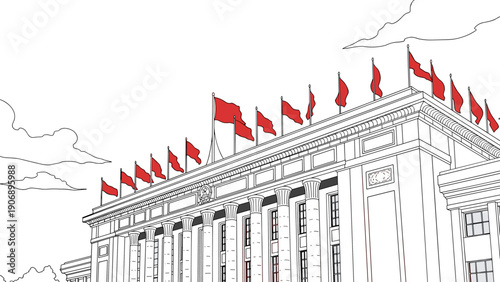 Majestic architectural landmark with red flags and classical columns