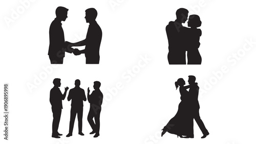 Silhouettes of couples and friends interacting: shaking hands, hugging, talking, and dancing, depicting relationships, connection, and social bonds.