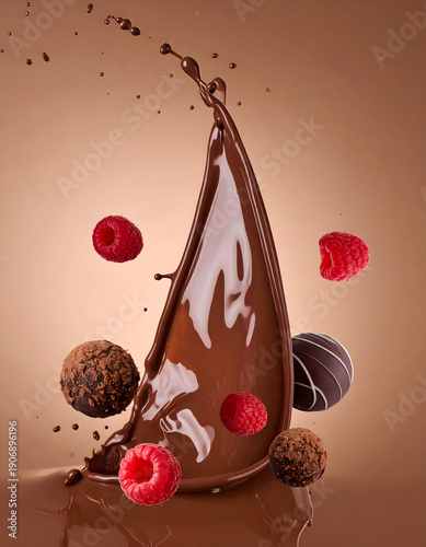 Molten Chocolate Splash with Truffles Berries and Droplets
