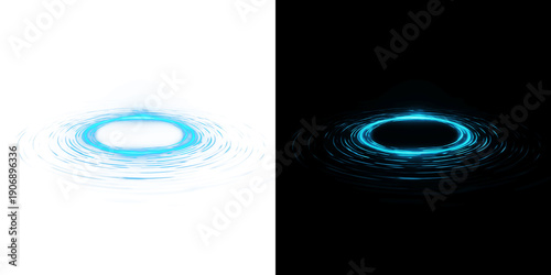 Digital illustration of blue water ripple circles with neon glowing light effect and liquid splash rings for motion graphics on transparent background PNG
