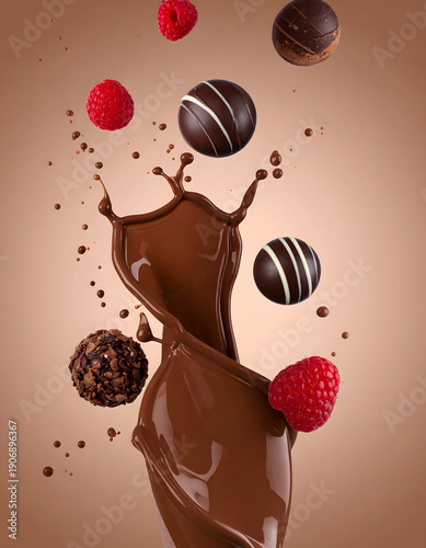 Chocolate Splash with Falling Truffles and Fresh Berries
