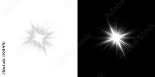 Foto Bright white inclined star with four points and glowing light flare effect featu