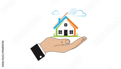 Hand Holding a Colorful House Icon for Real Estate and Property Management