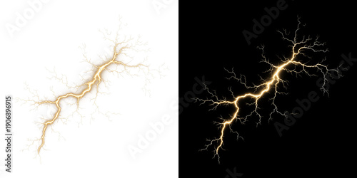 Quadro su tela Realistic yellow electric lightning bolt strike showing powerful energy discharg