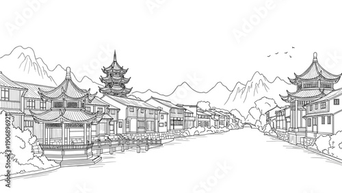 Traditional asian architecture landscape with pagoda and mountain background