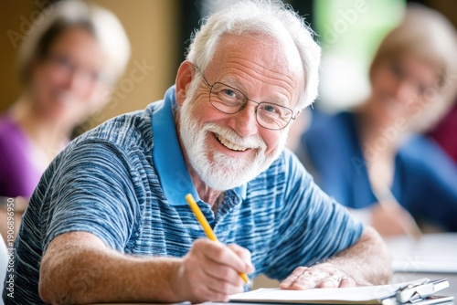 Elderly man smiling in classroom setting while engaging in lifelong learning activity