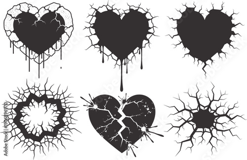 Broken Heart Crack Effect Collection Grunge Love Symbol Silhouette Vector Illustration Set for Sticker Tshirt Print