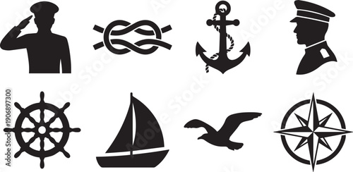 Vector set of nautical icons featuring a sailboat, ship, and yacht with sun and wave elements for summer ocean travel marine logo design