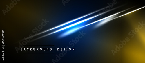 Abstract background features dynamic lines, gradients. Dark tones contrast bright blue, yellow highlights. Modern design element.