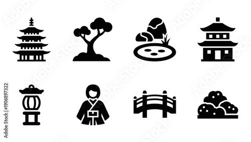 Traditional japanese icons featuring architecture, nature, and culture in bold silhouette style