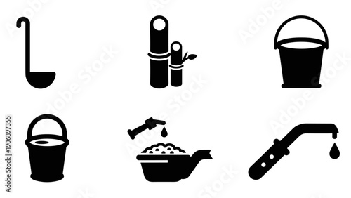 Silhouette icons of kitchen tools and accessories for cooking and cleaning