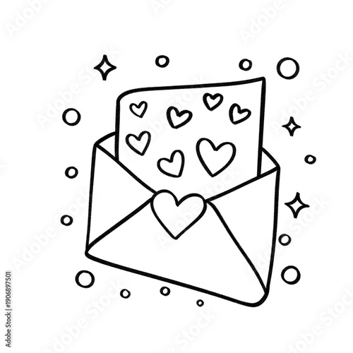 Foto Hand-drawn envelope with heart-filled letter and sparkles in black and white lin