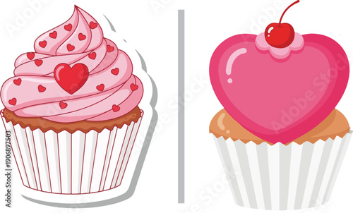 Two charming vector cupcakes with pink frosting; one is adorned with tiny red heart sprinkles, while the other features a large heart-shaped topper crowned with a red cherry.