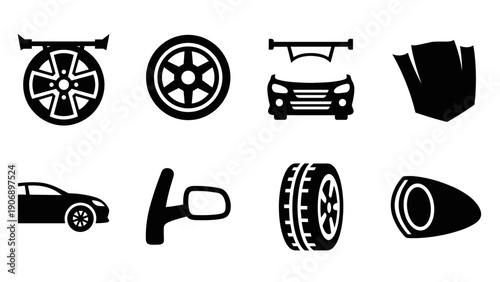 Automotive elements silhouette set: wheels, spoiler, mirror, headlight icons