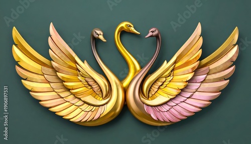 Three metallic swans with golden wings forming a heart shape