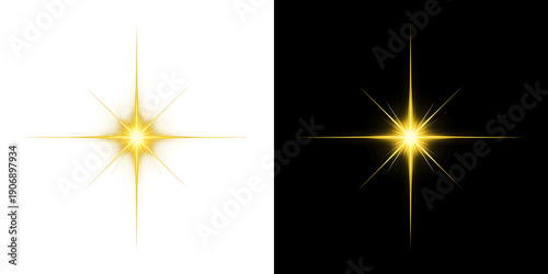 Foto Shining golden yellow star flash with sharp cross rays and glowing light effect