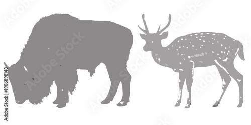 Bison and deer silhouettes standing side by side in a minimalist composition