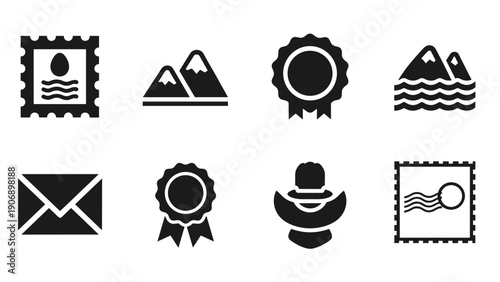 Silhouette icons set featuring medals, mountains, and postal elements