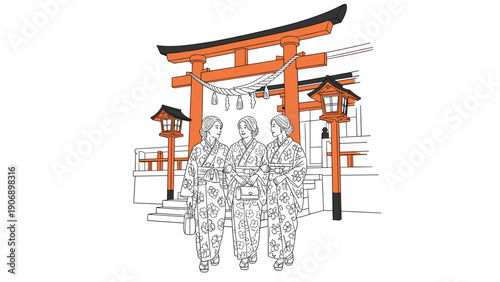 Traditional japanese culture with women in kimono at torii gate