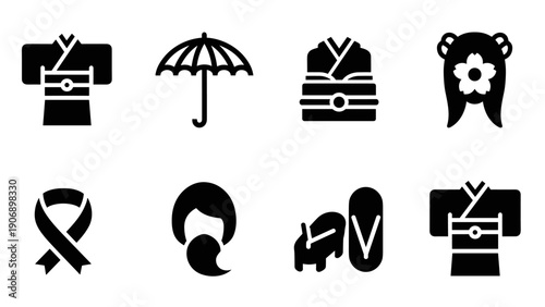 Minimalist japanese icon set: kimono, umbrella, and traditional elements
