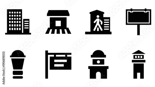 Collection of minimal urban icons: buildings, signs, and structures