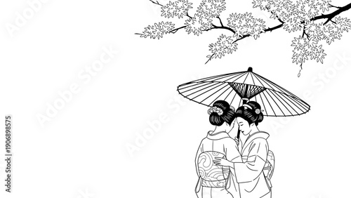 Traditional japanese women with umbrella and cherry blossoms in elegant line art style