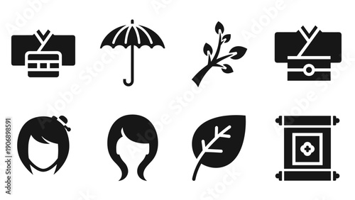 Minimalist japanese icons: kimono, umbrella, nature elements
