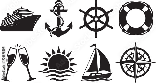 Set of nautical icons and elements featuring sailing ships and yachts as marine vector symbols for a summer ocean travel design including anchors and waves
