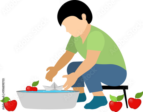 People on a farm. A boy plays with a paper boat and apples in a basin of water.  Vector, isolated
