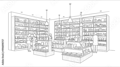 Linear bookstore interior with people shopping among shelves filled with books