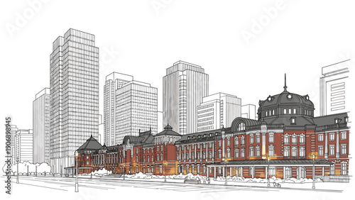 Urban contrast: historic brick landmark amidst modern skyline in linear style