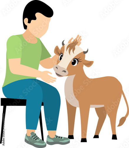 People on a farm. The boy sits down and strokes the little calf.  Vector, isolated