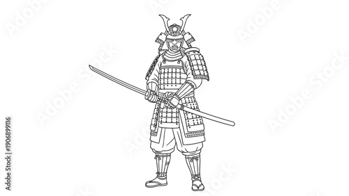 Detailed samurai warrior in traditional armor with sword outline art