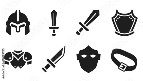 Medieval knight icon set featuring helmets, swords, armor, and shields in bold silhouette style