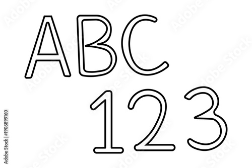 The image is a minimalist line art illustration featuring the first three letters of the alphabet, "ABC", and the first three primary numbers, "123".