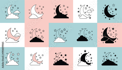 Various renderings of the planet Saturn, moon phases, galaxies, and shooting stars in both outline and solid styles.