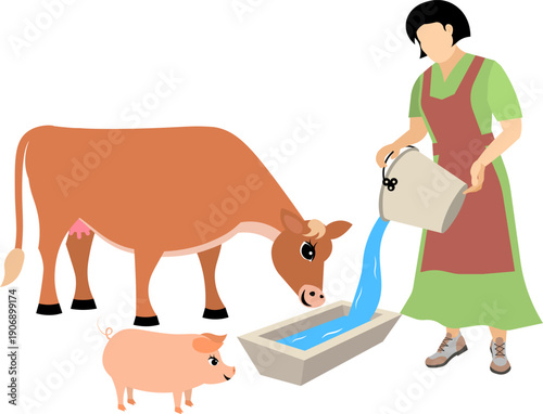 People on a farm. A woman pours water into a drinking bowl for animals. Agriculture, farm work. Vector, isolated