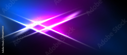 Bright light streaks intersect dark background. Vivid blue, purple hues create dynamic visual effect. Energy radiates from central point.