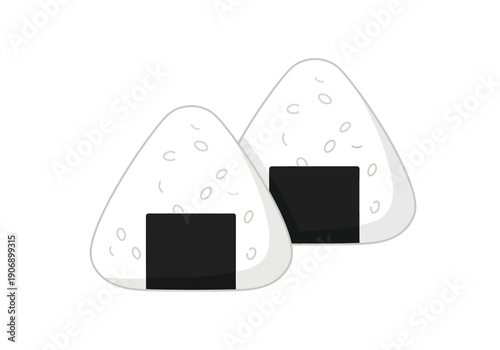 Two charmingly illustrated Japanese onigiri rice balls rest together, featuring soft triangular shapes speckled with grain details and wrapped in bold, dark rectangular sheets of nori seaweed