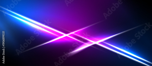 Abstract background features vibrant blue, purple light streaks crossing dark space. Bright lines create dynamic visual effect.