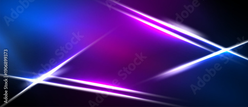 Abstract neon lights create dynamic shapes. Vivid blue, purple hues dominate dark background. Bright lines intersect, forming geometric patterns.
