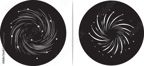 Abstract monochrome vector icons depicting swirling firework bursts or celestial spirals. White light trails curve elegantly within black circular frames, creating a sense of dynamic motion.
