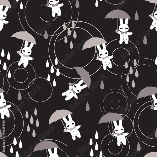 Cute Bunny Rainy Season Flying Umbrella Pattern can be use for background, template, and apparel design