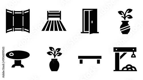 Home decoration icons: furniture, plants, and interior elements in bold silhouette style